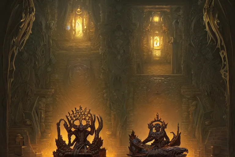 Prompt: crocodile god throne room, menacing statues of reptiles, deep focus, d & d, fantasy, intricate, elegant, highly detailed, digital painting, artstation, concept art, matte, sharp focus, illustration, hearthstone, art by artgerm and greg rutkowski and alphonse mucha