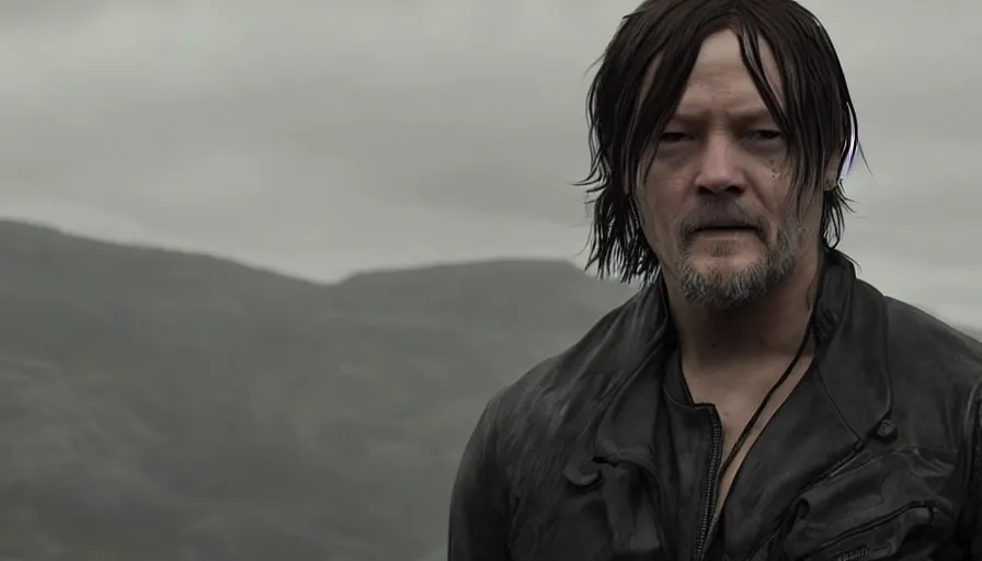 Image similar to Norman Reedus in Death Stranding, landscape, high contrast lighting, spherical lens, IMAX cinematography by Roger Deakins 4k