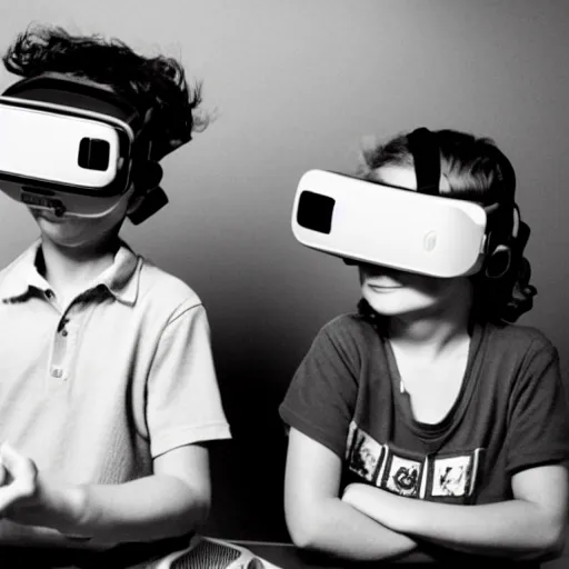 Prompt: A boy and a girl in VR with a silicon graphics in the style of robert doisneau