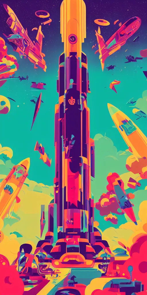 Prompt: cursed multicolored large rocket ship blasting off, center of image, tom whalen, james gilleard, liam brazier, tristan eaton