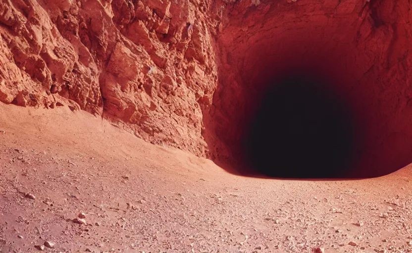 Image similar to high quality movie still of an infinite tunnel in the desert with giant deep wall, Cinestill 800t, heavy grainy picture, very detailed, high quality, 4k panoramic