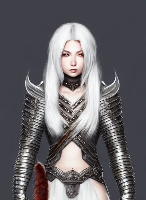 Image similar to warrior, fur leather armor!!! beautiful and elegant white hair female!! gorgeous ayes!! character concept art, sharp focus, octane render! unreal engine 5! highly rendered!! trending on artstation!! detailed linework!! illustration by artgerm, wlop, and chie yoshii