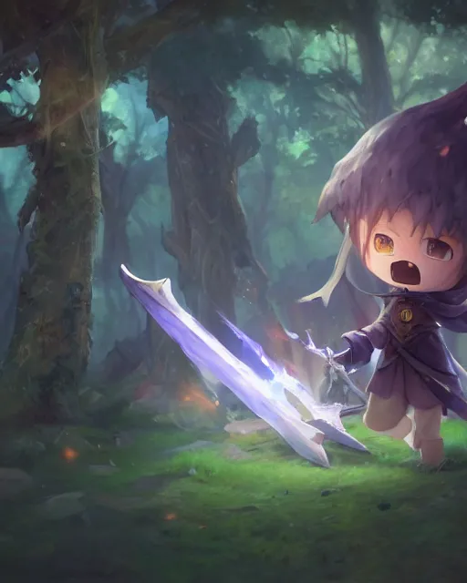 Image similar to oil painting of a MapleStory mage, cute chibi, attacking, casting a spell with a spear, wearing long magical robes, sharp focus, fantasy style, octane render, volumetric lighting, 8k high definition, by greg rutkowski, highly detailed, trending on artstation, magic the gathering artwork, magical forest background from MapleStory, centered