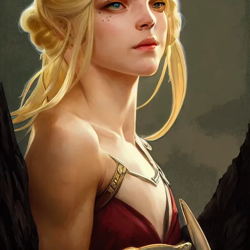 Image similar to an epic fantasy comic book style portrait painting of a young blonde thief, d & d, fantasy, joyful smirk, intricate, elegant, digital painting, artstation, concept art, extremely detailed, matte, sharp focus, illustration, art by artgerm and greg rutkowski and alphonse mucha