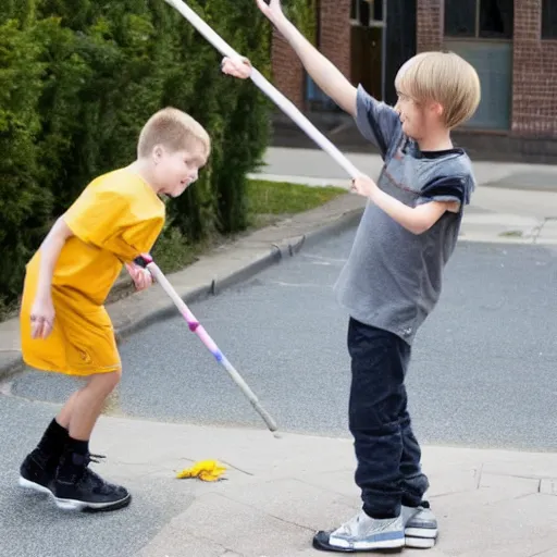 Prompt: a kid completely and unrhythmically twatting a lamp post with a stick