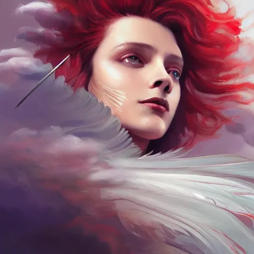 Prompt: a painting of a woman who made of curly white and transparent feathers cloud with red edges is holding a sword, a digital painting by charlie bowater, trending on artstation, metaphysical painting, speedpainting, made of feathers, digital painting, holographic undertones, highly saturated colors, 4 k, digital art, concept art, trending on artstation