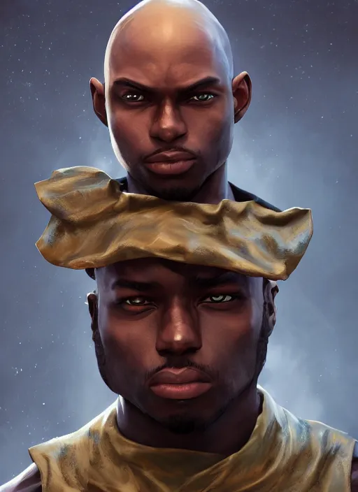 Image similar to An epic fantasy comic book style portrait painting of a young dark skinned thief with broad shoulders and a bald head in a vest, unreal 5, DAZ, hyperrealistic, octane render, cosplay, RPG portrait, dynamic lighting