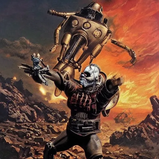 Image similar to majestic action shot of immortan joe fighting a robot in the style of frank frazetta, epic beautiful