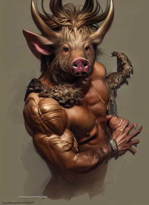 Image similar to portrait of aggressive wild pig humanoid, d & d, muscular! fantasy, intricate, elegant, highly detailed, digital painting, artstation, concept art, smooth, sharp focus, illustration, art by artgerm and greg rutkowski and alphonse mucha