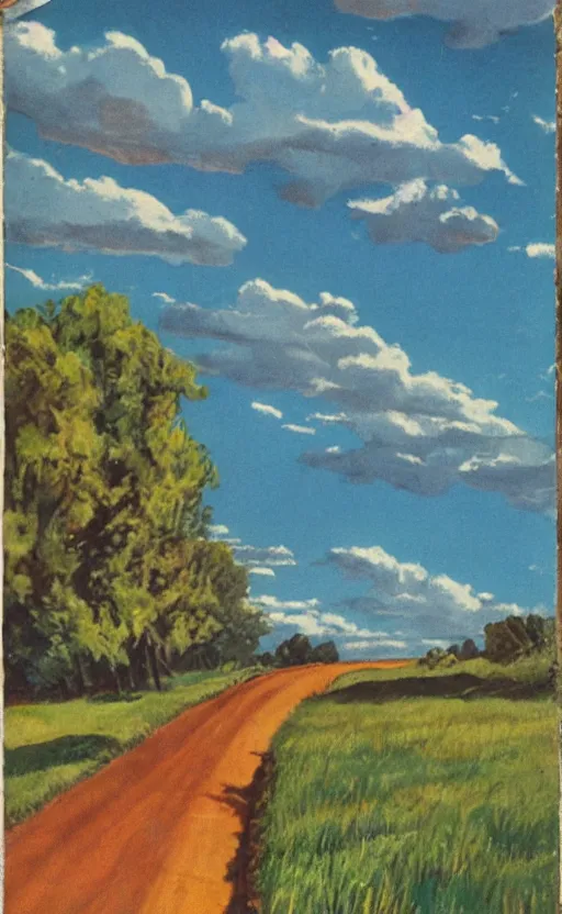 Image similar to paperback book cover. 1 9 5 0 s. pure colors, melting clouds, accurately drawn details, a sunburst above a receding road with the light reflected in furrows and ruts, after rain. and no girls.