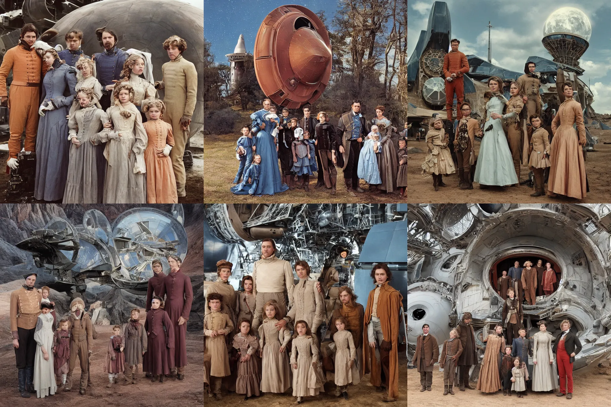 Prompt: highly detailed, 268435456k film, 4900mm film still from a sci fi blockbuster color movie made in 2019, set in 1860, of a family standing in front of a spaceship that has just landed on an alien planet, the family are all wearing 1860s era clothes, good lighting, good photography, ultra high definition