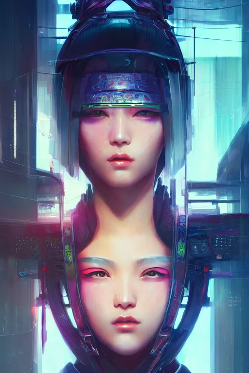 Image similar to portrait futuristic Samurai Girl, in future cyberpunk tokyo rooftop , ssci-fi, fantasy, intricate, very very beautiful, elegant, neon light, highly detailed, digital painting, artstation, concept art, smooth, sharp focus, illustration, art by tian zi and WLOP and alphonse mucha