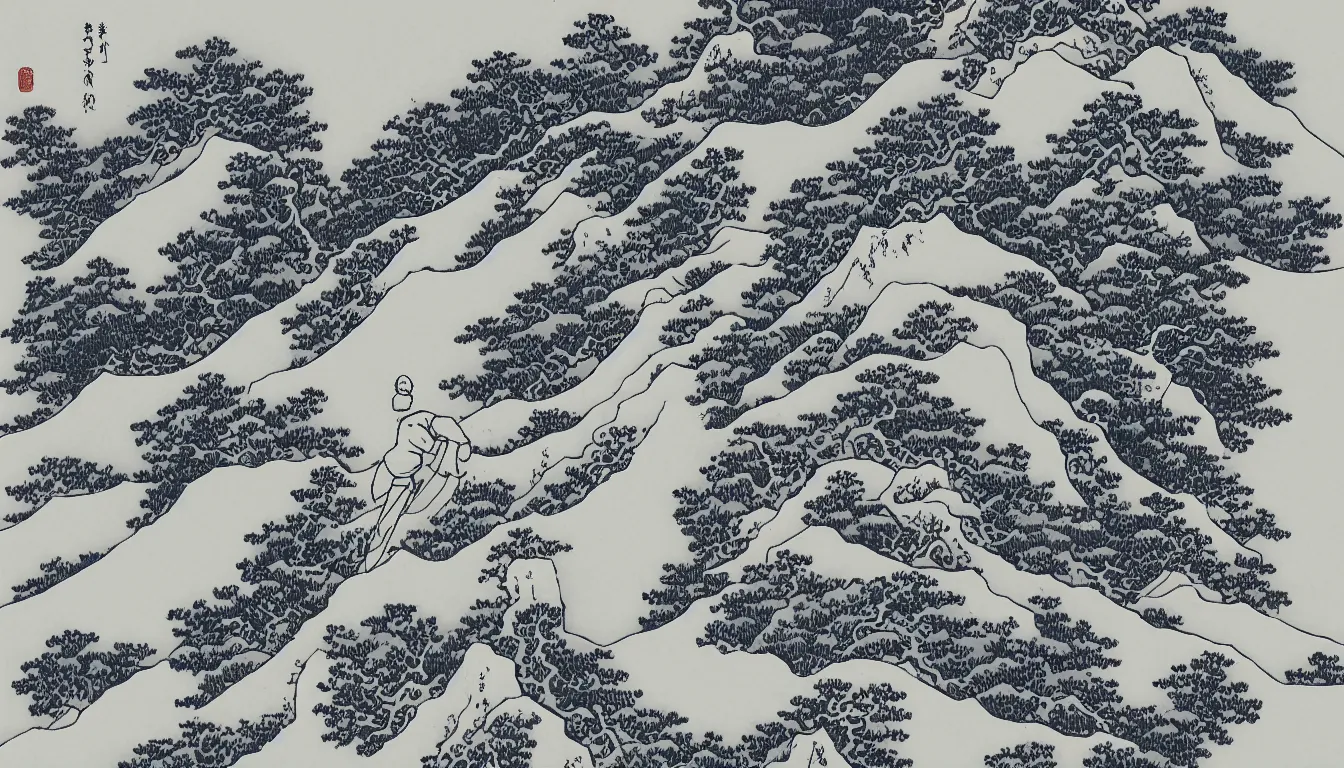 Image similar to lone backpacker on mountain ridgeline, minimalist line art by hokusai, clean long lines, ultra detailed