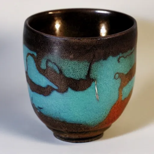 Prompt: raku elephant sake cup, horse hair, raku metallic, turquoise, mottled, smokey, crackle, spot lit, deep color, translucent