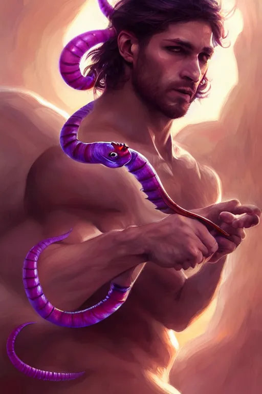 Image similar to male fighter fighting a purple worm, fantasy, amber eyes, face, long hair, intricate, elegant, highly detailed, digital painting, artstation, concept art, smooth, sharp focus, illustration, art by artgerm and greg rutkowski and alphonse mucha