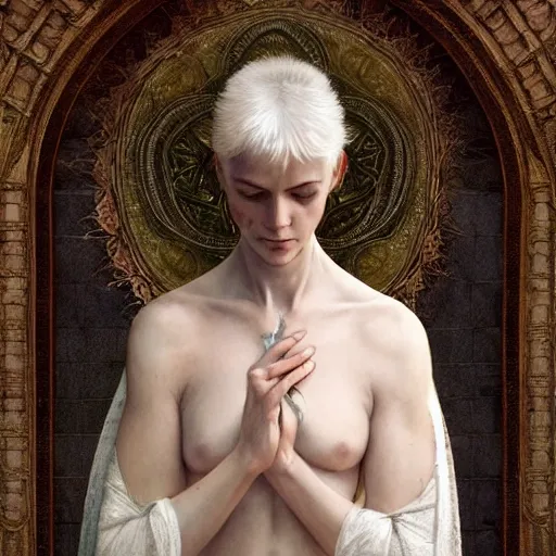 Image similar to portrait of a beautiful ethereal delicate roman catholic bishopress meditative sacral pose catholic stages of the cross, white hair, intricate, elegant, highly detailed, digital painting, artstation, concept art, smooth, sharp focus, illustration, art by krenz cushart and artem demura and alphonse mucha