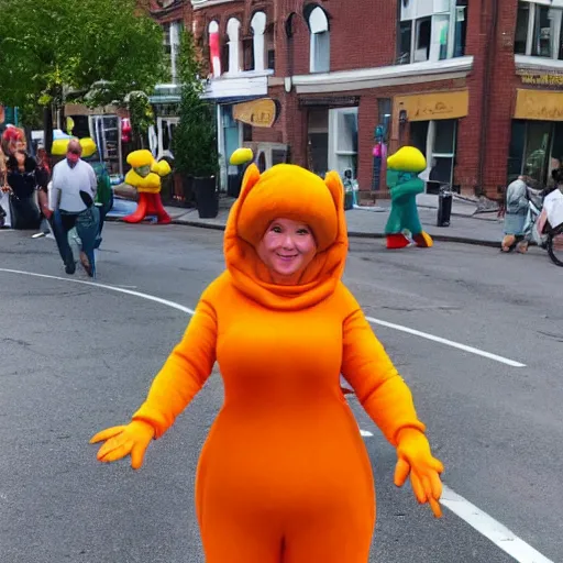 Prompt: beautiful woman dressed as a teletubbie