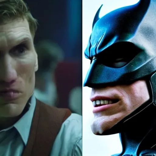 Image similar to Live Action Still of Jerma985 in The Dark Knight, real life, hyperrealistic, ultra realistic, realistic, highly detailed, epic, HD quality, 8k resolution, body and headshot, film still