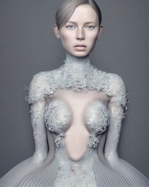 Prompt: a beautiful hyperrealistic ultradetailed 3D, one girl in a magnificent McQueen couture dress on Gray backdrop for photo, photo studio, studio photography, studio light, photo for magazine, Designer clothes, futuristic clothes, clothes from the future, voge photo, fashion style, fullbody, in full growth, Clear facial features, photorealistic, high resolution, trending on artstation, highly detailed, elegant, details, good clear quality, volumetric lighting,