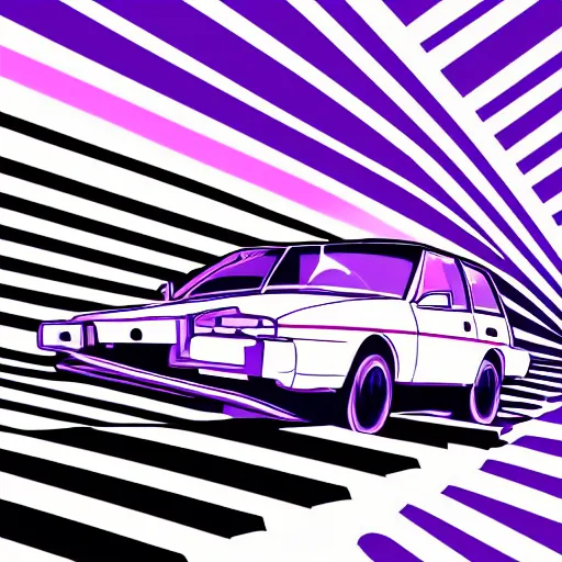 Prompt: vaporwave line art illustration of an 8 0 s station wagon driving during sunset. digits art