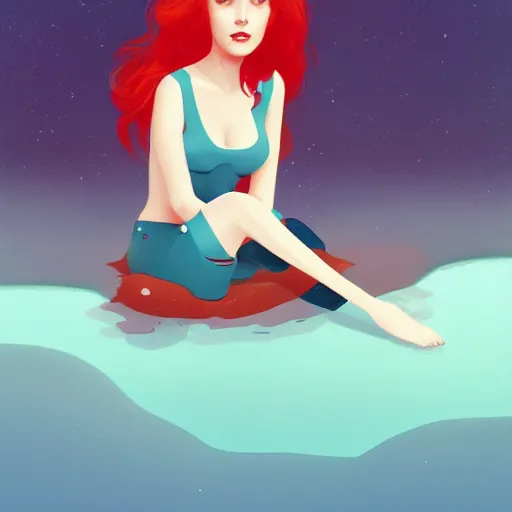 Prompt: a beautiful comic book illustration of a woman with long red hair sitting near a lake at night by daniela uhlig, featured on artstation