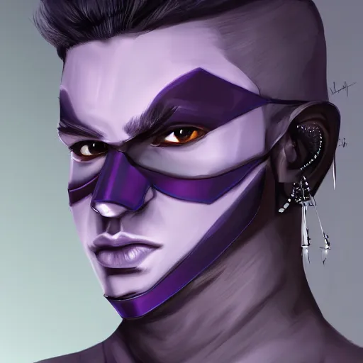 Image similar to professional digital art of a stylish young adult man with a black face mask, earrings, and dark clothes, high quality, HD, 8K, highly detailed, award-winning, sci-fi, fantasy, movie character, concept art, fashion, dark purple clouds, night
