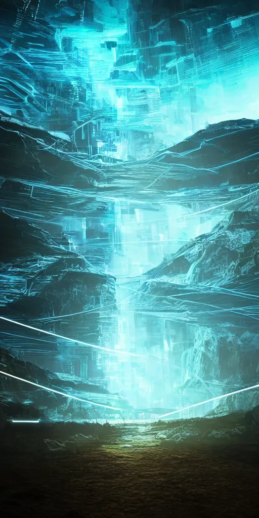 Image similar to neon blue line fantasy world, hyper realistic, sci-fi, landscape, nature