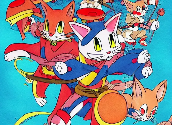 Prompt: samurai pizza cats, ink and watercolor illustration masterpiece, perfectly realistic yet surreal, by ryan ottley and mœbius and hayao miyazaki and akira toriyama