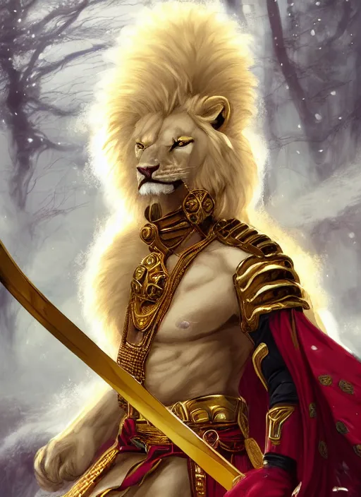 Image similar to aesthetic portrait commission of a of a male fully furry muscular anthro albino lion holding a golden katana and wearing shiny and wet heavy red and gold royal samurai full armor in a Japanese forest while storming, cinematic epic shot. Character design by charlie bowater, ross tran, artgerm, and makoto shinkai, detailed, inked, western comic book art, 2021 award winning film poster painting