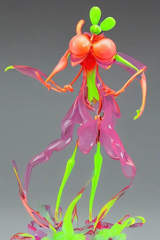 Image similar to a fat jelly super detailed anime figurine with fluo color detail, and muted arm colors, that looks like a insect, on top of a painting of plastic synthetic ionized metal flower sculptures