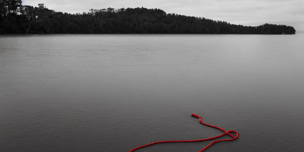 Prompt: centered photograph of a single line of big thick long red rope floating on the surface stretching out to the center of the lake, a dark lake sandy shore on a cloudy day, color film, trees in the background, hyper - detailed photo, anamorphic lens