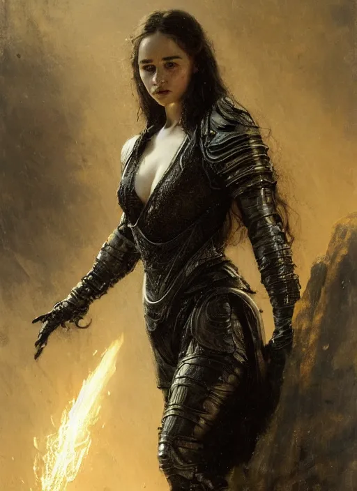 Image similar to young beautiful mischievous rredhead emilia clarke full body wearing black medieval armour, detailed, by gaston bussiere, bayard wu, greg rutkowski, giger, maxim verehin, greg rutkowski, masterpiece, sharp focus, cinematic lightning