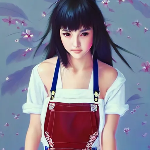 Prompt: a beautiful young japanese natalie portman alluring gravure model, wearing elegant designer overalls, elegant overalls with mesoamerican patterns, mesoamerican native street fashion, princess mononoke, by and wlop and ilya kuvshinov and artgerm and, aesthetic, gorgeous, stunning, alluring, attractive, artstation, pinterest, digital art