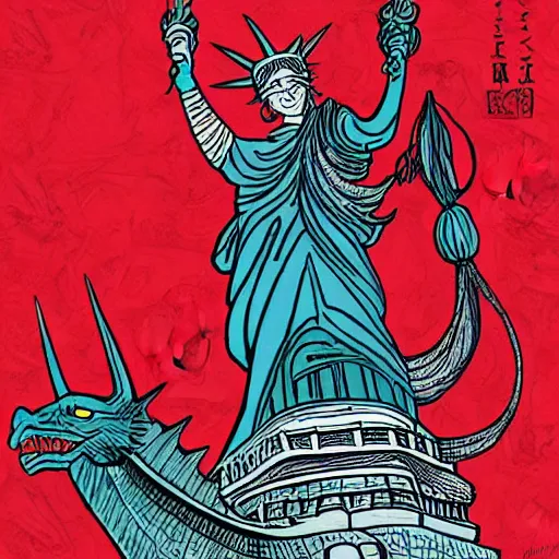 Prompt: Lady Liberty riding the red dragon of china. illustration concept art in the style of Arthur Adams