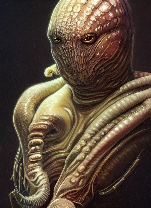 Image similar to slimy mollusk as elon musk, anthropomorphic character, drool, concept art, intricate, elegant, highly detailed, digital painting, artstation, wallpaper, smooth, sharp focus, illustration, art by h. r. giger and artgerm and greg rutkowski and alphonse mucha