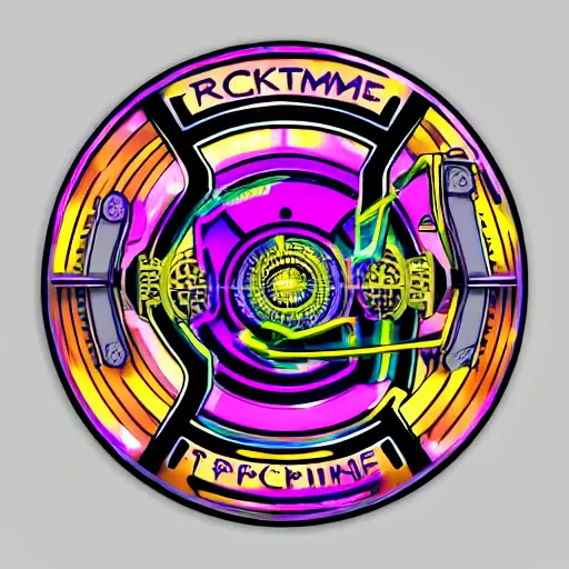 Image similar to sticker of a rock band, name is tripmachine, on the sticker is a 3 d render of a huge futuristic steampunk generator with gears and trippy music instruments, 8 k, fluorescent colors, halluzinogenic, multicolored, exaggerated detailed, silk screen art