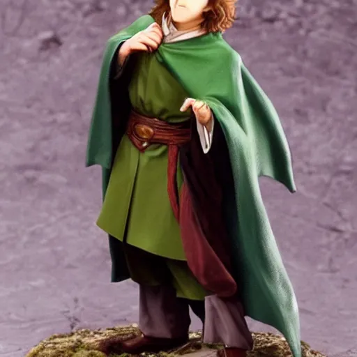 Image similar to peregrin took from the anime lord of the rings (1986), dark hair, green cape, hobbit, studio ghibli, very detailed, realistic