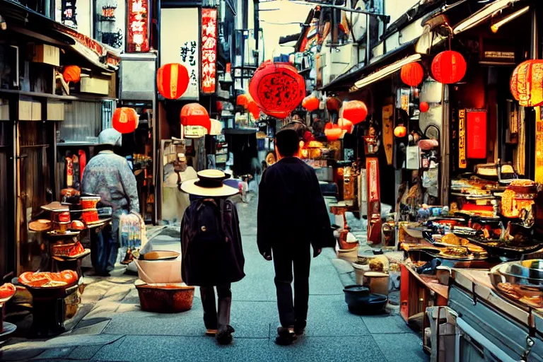 Image similar to cinematography of a Kyoto street vendor by Emmanuel Lubezki