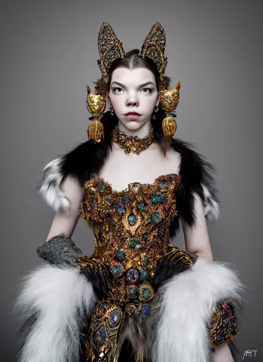 Image similar to full body environmental portrait photo of anya taylor - joy as catgirl, ornate headpiece made from fur, ornaments, glamour shot by gemmy woud - binnendijk, chris knight, photorealistic, canon r 3, fashion photography, ornate, elegant, luxury and elite, symmetrical features, octane render, unreal engine, solid dark grey background, dramatic lights