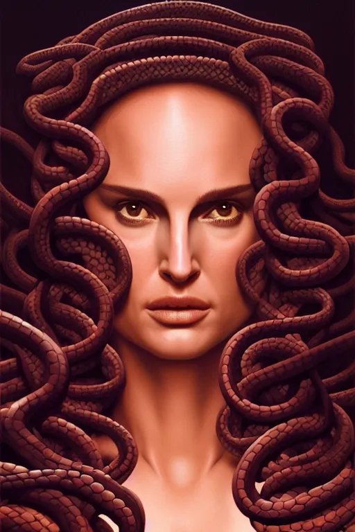 Image similar to Medusa, Natalie Portman, lots of snakes for hair, snakes details, many snakes, background full of snakes, portrait, very detailed, dramatic lighting, electrical details, high details, 4k, 8k, trending on artstation, by Greg Rutkowski, Wayne Barlowe, Hajime Sorayama and Boris Vallejo