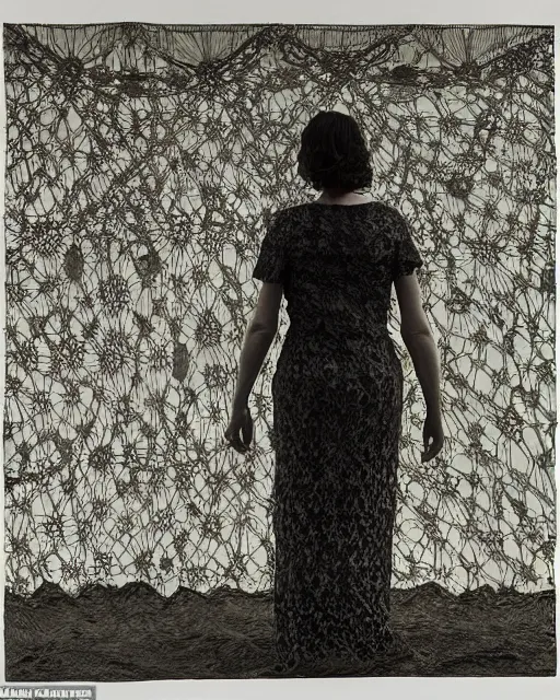 Image similar to a woman standing by the sea, made of intricate decorative lace leaf skeleton, in the style of the dutch masters and gregory crewdson, dark and moody