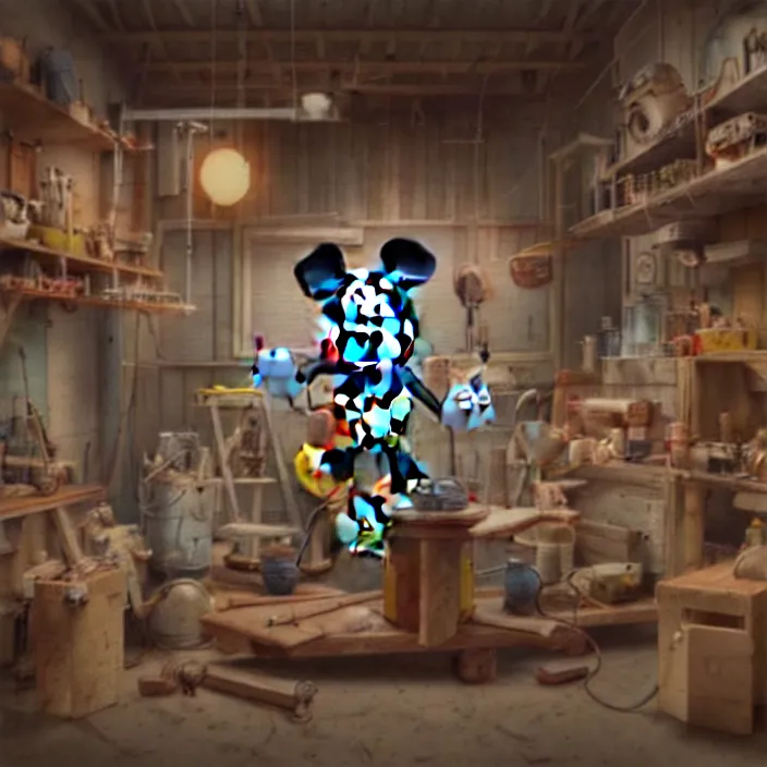 Image similar to crew of workers building giant mickey mouse head in quaint workshop, octane render, 4 k ultra hd, hyper - detailed, realistic, seedy lighting, sharp focus, in style of beeple