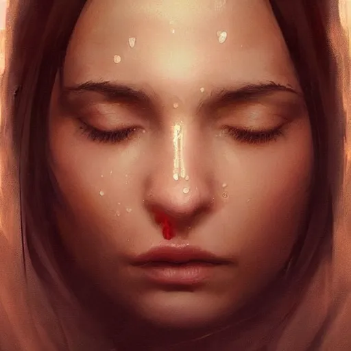 Prompt: Stunning portrait of Beautiful Hispanic tiny nose womans face with her hands covering her eyes. Soft render, Greg Rutkowski details, Tears pouring down from her eyes, music album cover, artstation, pixivi