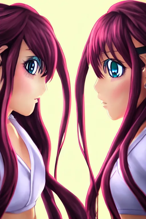 Image similar to two beautiful female fighters with pigtails facing each other, detailed anime art