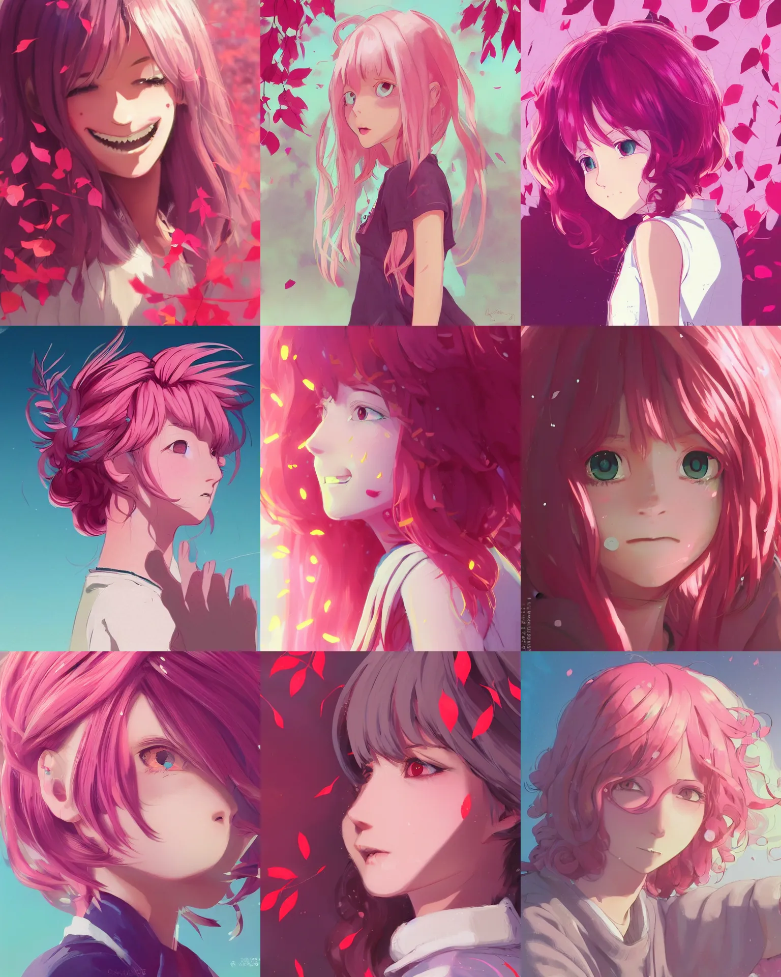 Prompt: happy teenage girl side face with pink curly pastel hair .Many single strips of hair floating in the air. Bright big eyes. Fine particles of red leaves, cute, anime wallpaper, Sunlight on the face.by Krenz Cushart, Ian McQue, Ilya Kuvshinov, CloverWorks. vivid color. Shining highlights