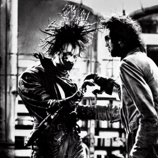 Image similar to Wdward Scissor-hands battling with Freddie Kreuger, cinematic hollywood action sequence, movie-still, gritty-thriller-action-horror