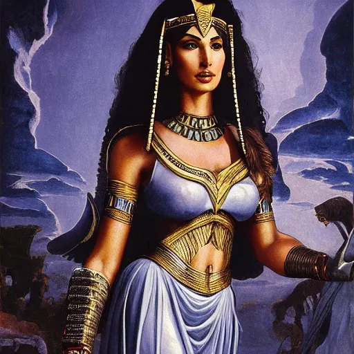 Prompt: Full body oil painting of the beautiful goddess Gal Gadot as Cleopatra, she is wearing egyptian clothes and a surreal jewelry, her hair is natural disheveled, she is approaching heaven over the clouds, Anubis is close to her, naturalism, dramatic lighting, high-detailed oil painting by Ilya Repin, Michelangelo da Caravaggio, William Blake, Alex Grey and Beksinski, trending on Artsation, hystorical painting, naturalism, masterpiece, 4k, 8k,