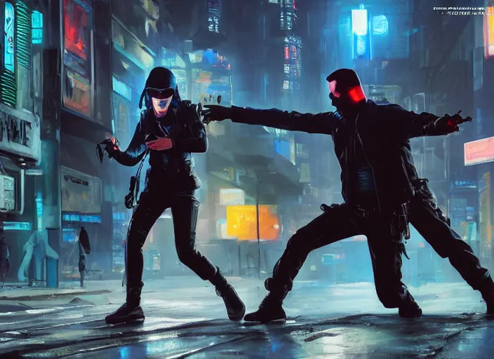 Prompt: ezra defeats sgt griggs. cyberpunk hacker knocking out menacing cop ( blade runner 2 0 4 9, dystopian, cyberpunk 2 0 7 7 character design ). epic painting by james gurney and laurie greasley, oil on canvas. cinematic, hyper realism, realistic proportions, anatomy, dramatic lighting, high detail 4 k