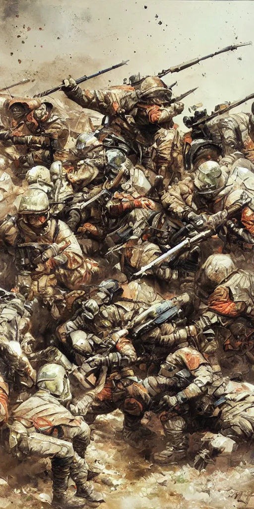 Image similar to oil painting scene from battlefield by kim jung gi