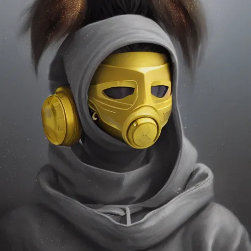 Image similar to luxury advertisement, a highly detailed epic cinematic concept art CG render digital painting artwork of a girl in a grey hoodie with a yellow rebreather half-mask. By Greg Rutkowski, Ilya Kuvshinov, WLOP, Stanley Artgerm Lau, Ruan Jia and Fenghua Zhong, trending on ArtStation, made in Maya, Blender and Photoshop, octane render, excellent composition, cinematic atmosphere, dynamic dramatic cinematic lighting, aesthetic, very inspirational, arthouse